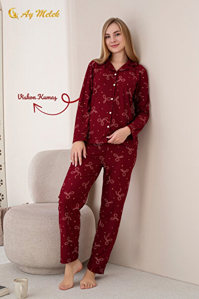 AYMELEK Women's Pajama Set Patterned Cotton Polo Neck Set