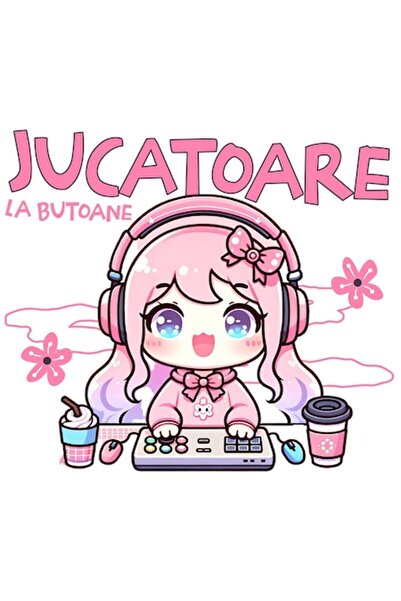 OEM Anime-style Face Sticker with Pink Hair and Headphones, Romanian Text "Ju...