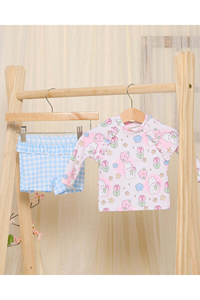REDTAG Infant Girls Blue And Pink Floral Shirt Swimwear Set (2 Piece)