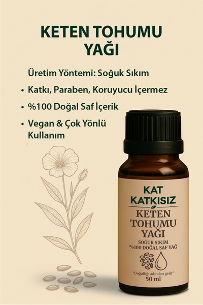 KAT KATKISIZ Keten Tohumu Yağı 50ml Soğuk Sıkım, %100 Saf ve Katkısız