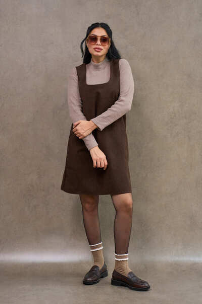 KÜÇÜĞÜM BUTİK Bitter Brown Color Square Neck Short Cashmere Dress