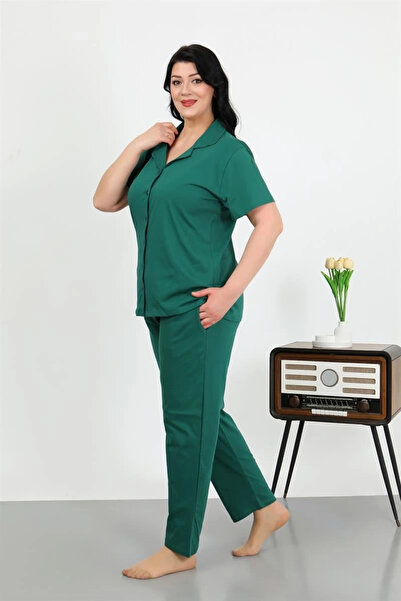 alfa expres Clothing Women's Plus Size Cotton Pocket Buttoned Emeraldgreen Pajama Set