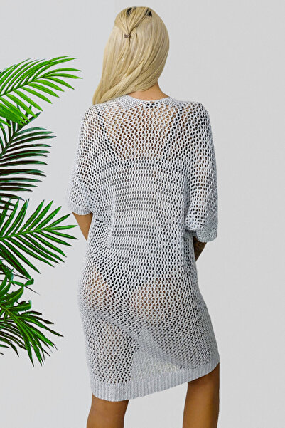 FashionForYou Classic Crochet Cardigan, with brooch accessory and short sleeves, Grey, S/M/L