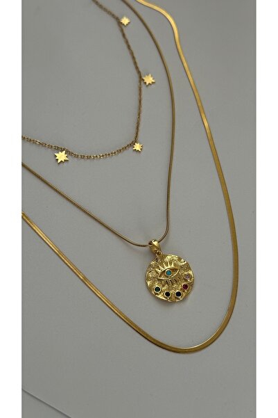 mibrillo Çelik üçlü vintage kolye ( plaka çoban yıldızı italyan zinvir ve vin...