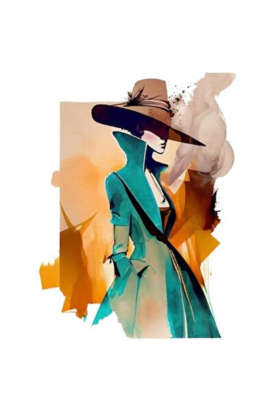 OEM Autocolant - Siluetă feminină cu pălărie mare maro, ținută albastră inter...