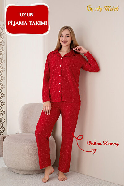AYMELEK Women's Pajama Set Patterned Cotton Polo Neck Set