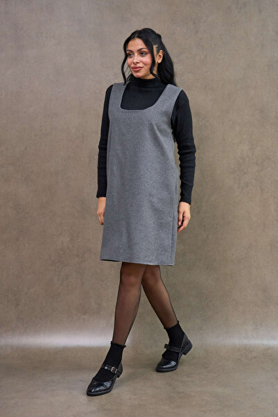 KÜÇÜĞÜM BUTİK Anthracite Color Square Neck Short Cashmere Jile Dress