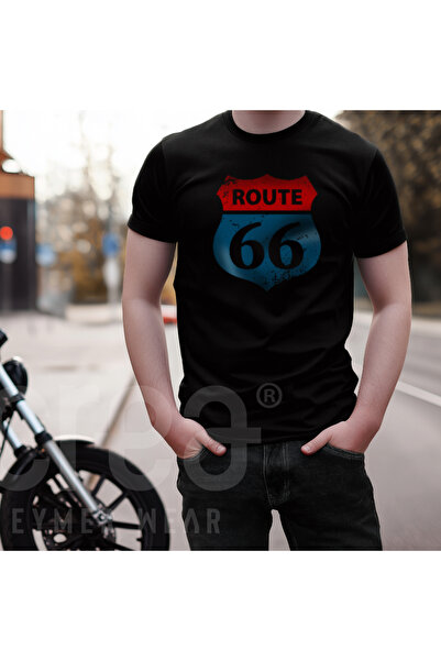 Crea Eymer Wear Route 66 Designed - Bumbac imprimat cu gât rotund tricou Negru-Negru