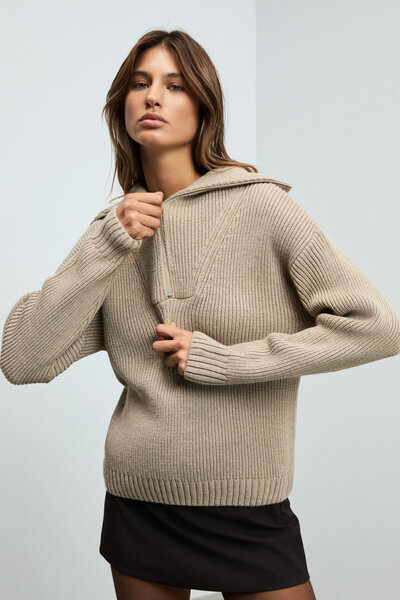 GRIMELANGE Audaz Women's Zippered Mock Neck Pack Long Sleeve Relaxed Fit Knitwear Beige Sweater