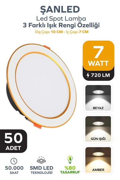 ŞANLED 7W 3 Renkli (Beyaz,Gün Işığı,ikisi Bir Arada) Beyaz Gold Led Spot Lamb...