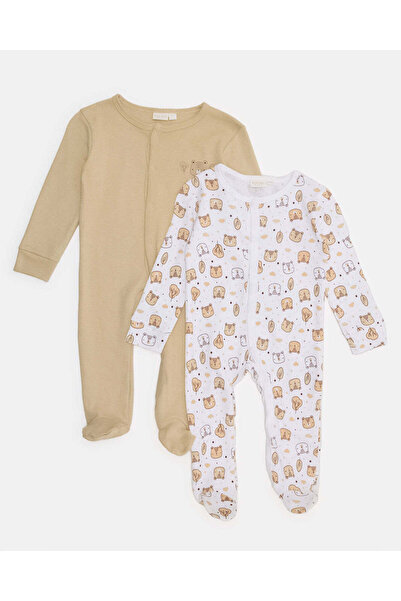 REDTAG Baby Beige And White Printed Sleepsuit Set (Pack Of 2)