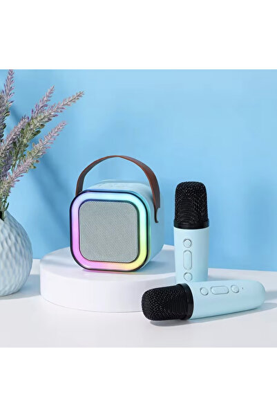 Krista Set karaoke cu difuzor și 2 microfoane wireless, cu bluetooth, baterie, albastru