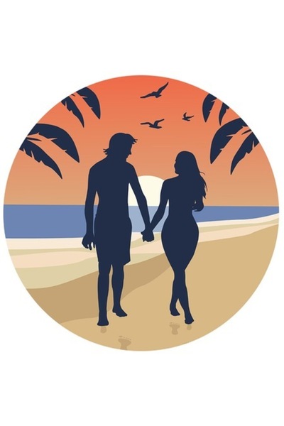 OEM Стикер със силуети на двойка, държащи се за ръце на плажа, залез, бяла ра...
