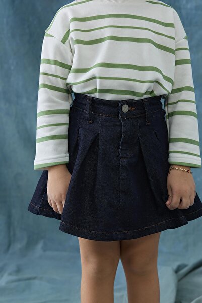 Tics Denim Pleated Skirt - Dark Blue