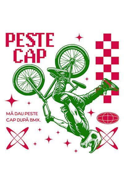 OEM Autocolant siluetă BMX cu cască, text deasupra capului, bordură albă, vin...