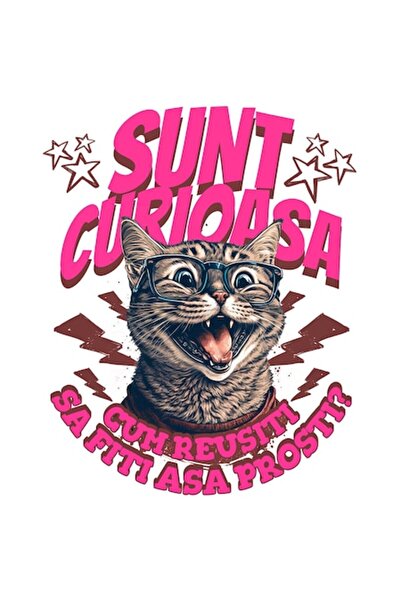 OEM Autocolant amuzant cu pisică zâmbitoare, colți și ochelari, text „Sunt cu...