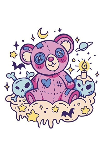 OEM Autocolant ursuleț de pluș ilustrat Kawaii Goth cu bordură albă, vinil PV...