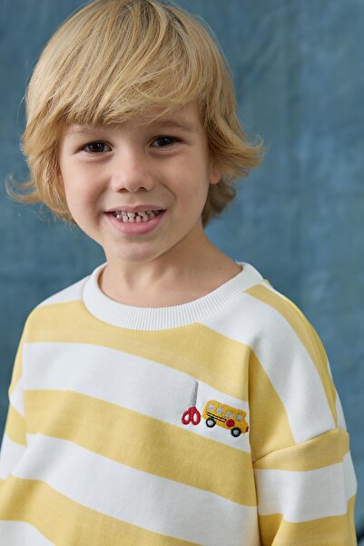 Tics Nakışlı Çizgili Sweat - sarı