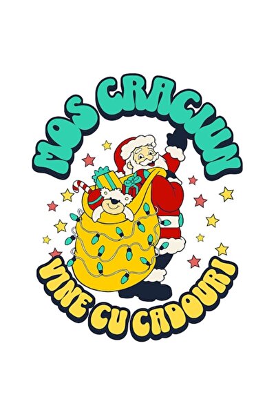 OEM Autocolant cu Moș Crăciun vesel cu sac galben de cadouri, „Vine cu cadour...