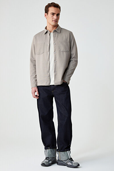 GRIMELANGE Jakari Men's Regular Fit Standard Cut Classic Collar Patterned Snap Button Beige Shirt