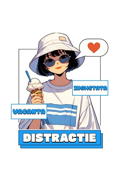 OEM Autocolant cu față în stil asiatic, pălărie și înghețată, text „Distracți...