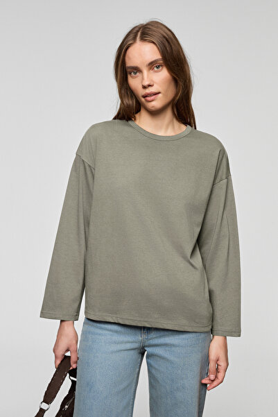 GRIMELANGE Basil Women's Oversized 100% Organic Cotton Knitted Long Sleeve Dark Gray T-Shirt
