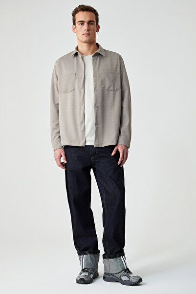 GRIMELANGE Jakari Men's Regular Fit Standard Cut Classic Collar Patterned Snap Button Beige Shirt