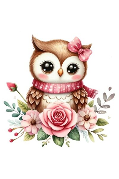 OEM Autocolant drăguț cu bufniță roșie, trandafir și flori, margini albe, vin...