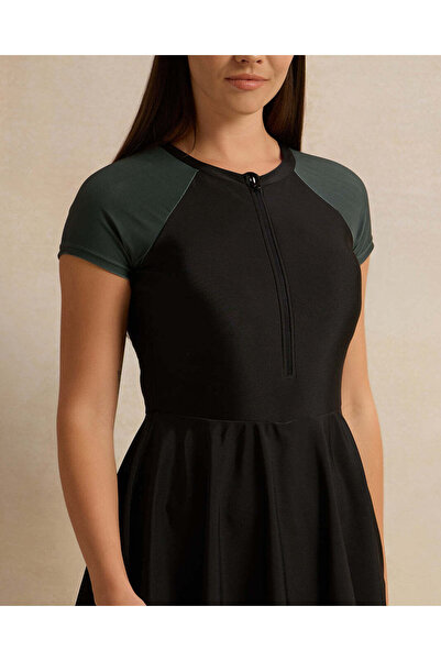 REDTAG Women Black Short Sleeve Zipper Front Swim Dress