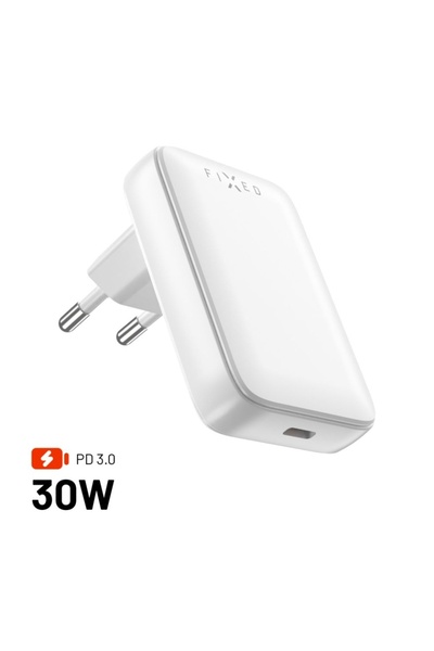 FIXED Slim 30W Power Adapter, USB-C, GaN Technology, Fast Charging Power Delivery 3.0, White