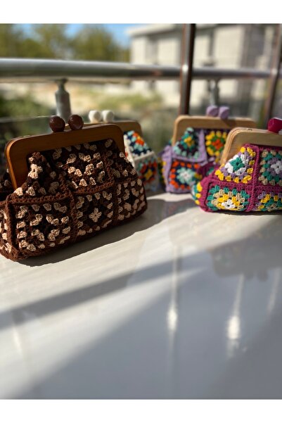 ALLKNİTS Öpücük klipsli ahşap kapamalı bohem el işi çanta