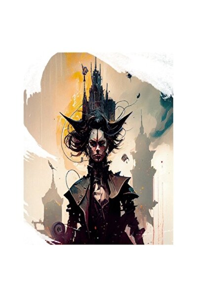 OEM Sticker - Warrior Woman Painting, Bizarre Buildings, Multicolor, White Edges, PVC 28 cm