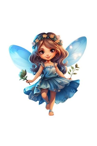 OEM Autocolant cu o zână drăguță cu rochie albastră, coroană de flori, bordur...