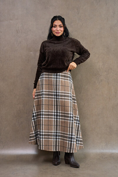 KÜÇÜĞÜM BUTİK Brown and Tan Patterned Cashmere Flared Skirt