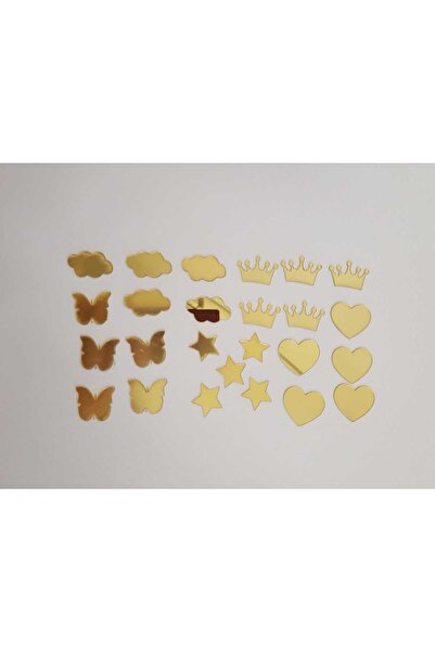 BL Baby Lüks Altın aynalı pleksi bebek ve ev kapı süsü süsleme paketi yıldız, kalp, taç, kelebek, bulut 25 parça