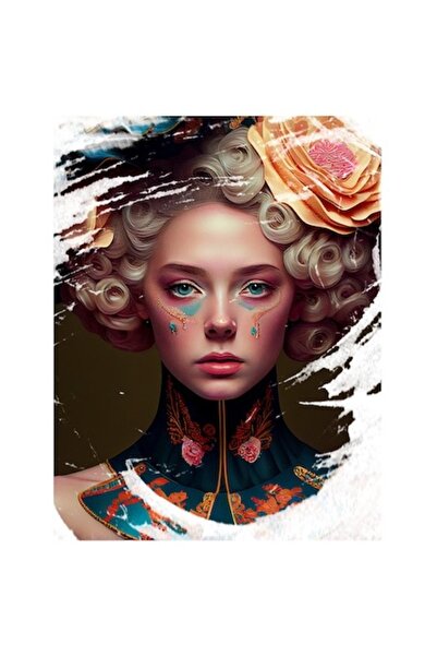 OEM Autocolant - Portret de fată blondă, guler înalt albastru, floare galbenă...