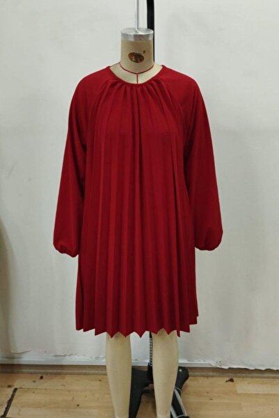Mossta Round Neck Pleated Imported Crepe Dress - Red