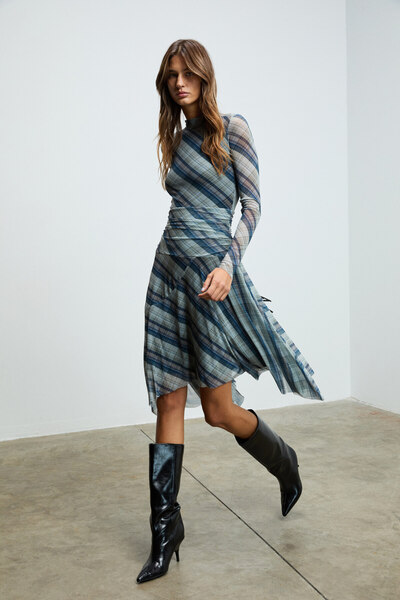 GRIMELANGE Terlus Women's Stretchy Fabric Waist Detailed High Neck Multi-Colored Dress