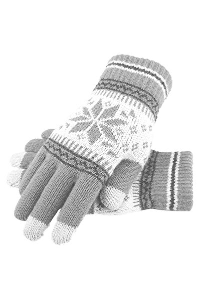 zola Warm winter gloves, knitted, unisex, grey/white, flake pattern, 3 fingers for phone use