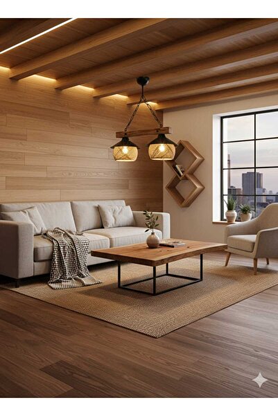 Aydınlatma Dünyam Uzay 2li Ahşap Şapkalı Rustik Avize