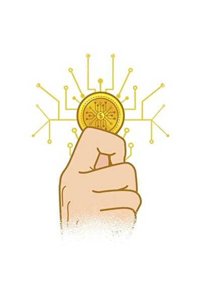 OEM Autocolant - Mână ținând o monedă cripto Bitcoin, margini albe, vinil PVC...