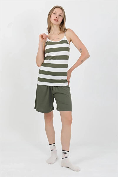 alfa expres ملابس نسائية طقم شورت من القطن الممشط بحمالات خيطية لون كاكي