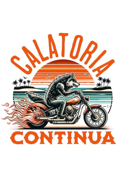 OEM Αυτοκόλλητο - Θυμωμένος λύκος σε μοτοσικλέτα, φλόγες, «Το ταξίδι συνεχίζε...