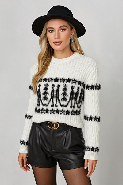 Minora Minoralady Women's Nordic Figure Patterned Knitwear Bearded Sweater Bone