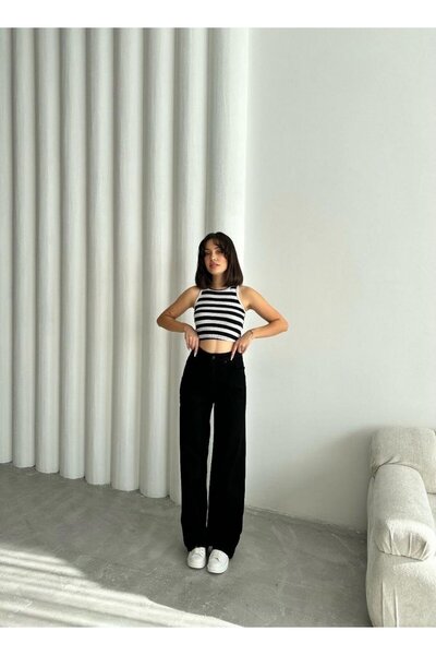 MODA Kadın Likralı Palazzo Siyah Kot Pantolon