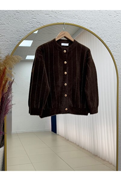 BENAHOLL Baylee Gold Buttoned Striped Bearded Short Cardigan-Kr5042 Coffee