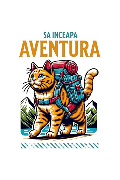 OEM Autocolant - Pisică pregătită pentru aventură „Să înceapă aventura”, Munț...