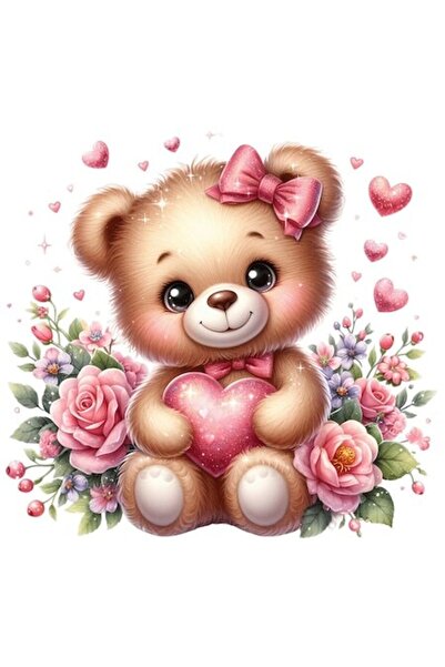 OEM Autocolant - ursuleț de pluș cu o inimă, trandafiri și flori, vinil PVC, ...