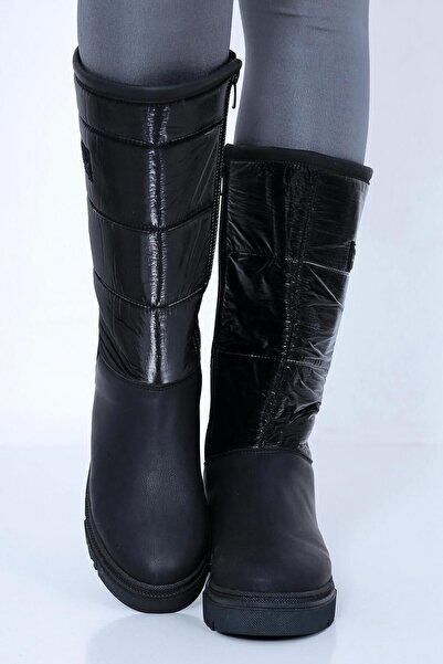 Raynok Cilt Fermuarlı Kalın Tabanlı Diz Altı Kadın Kar Botu Siyah