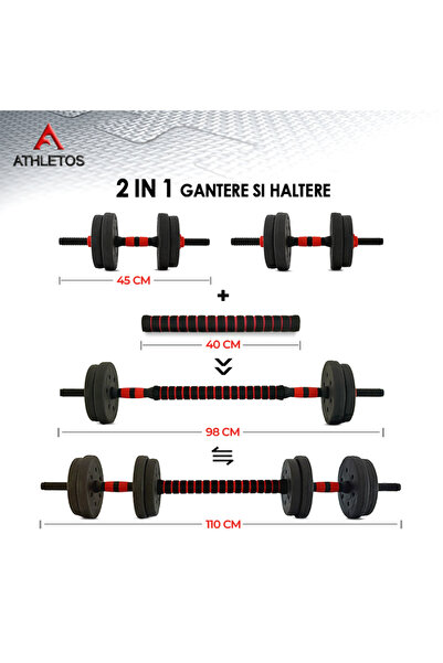 Athletos Set de 2 gantere reglabile, 20 kg, (4x3, 2x2,5, 2x1,25 kg), bară de conectare, roșu/negru